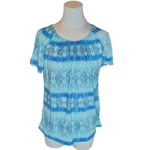 Como Vintage Aqua Blue Striped Watercolor Short Sleeve Silky Tee Size Small